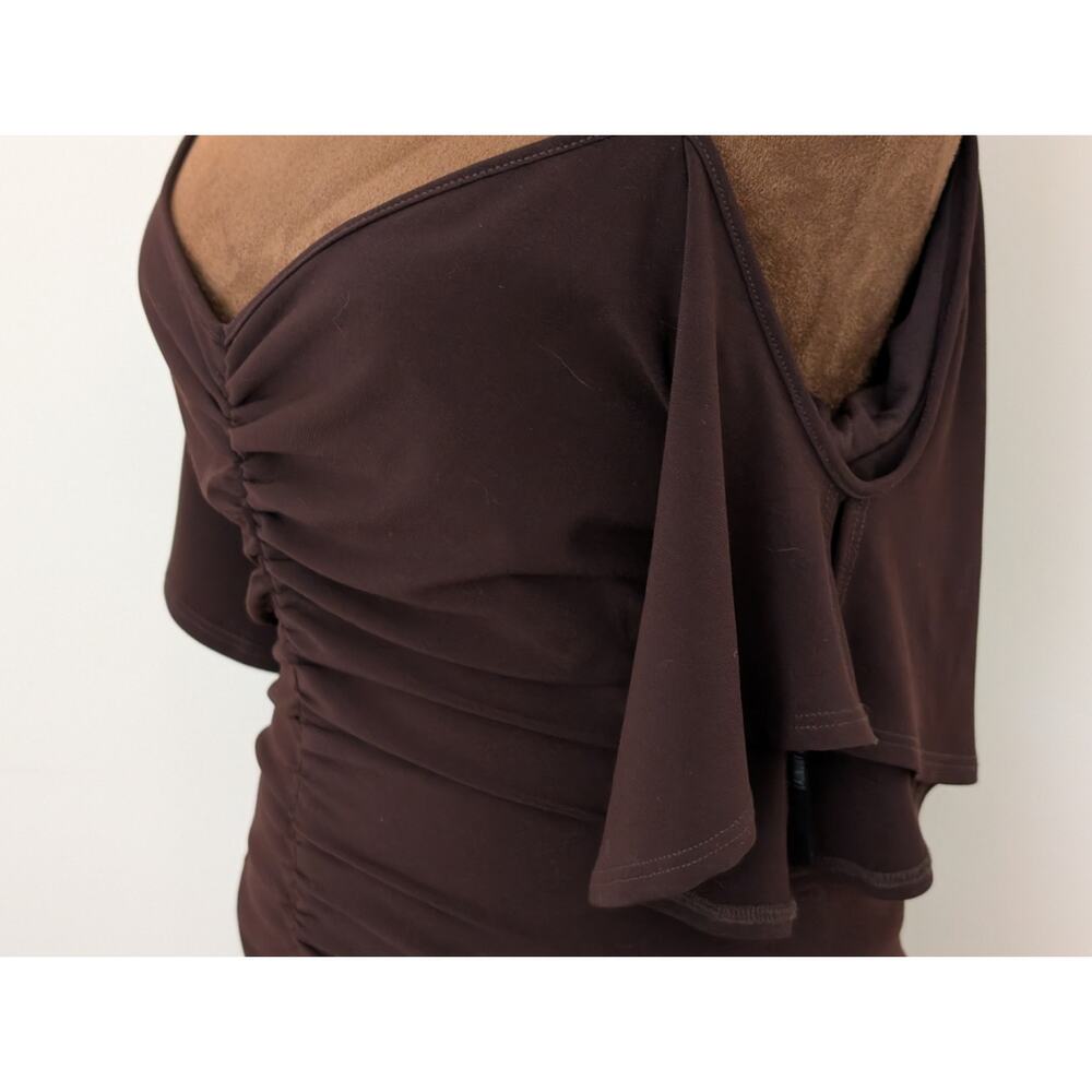 Vintage 90s Laundry by Shelli Segal Brown Ruched Cold Shoulder Midi - 8 - Picture 4 of 10